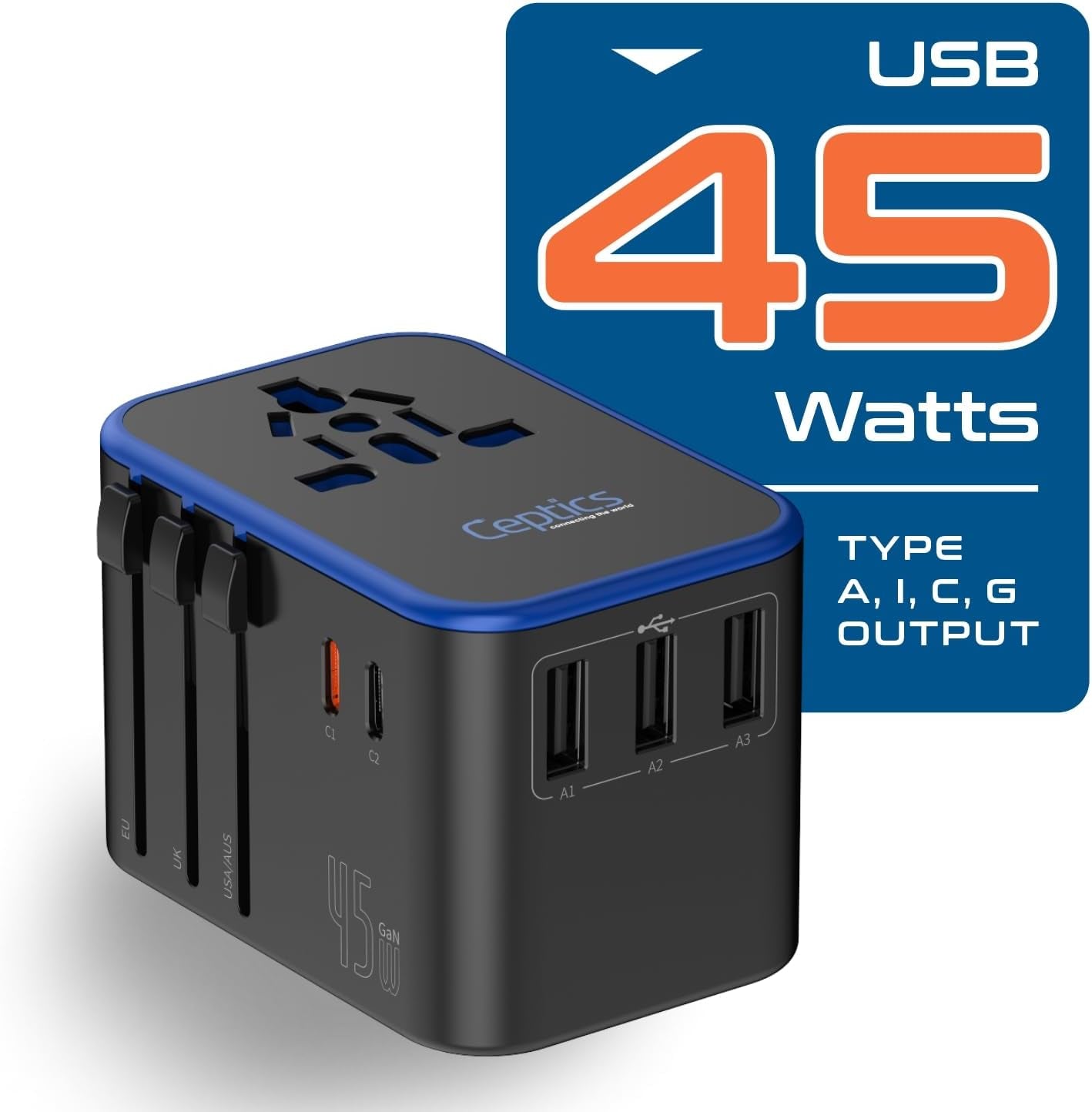 Universal Travel Adapter, 45W International Power Adapter with PD & QC 3.0 Dual USB-C, 3 USB Travel Adapter Worldwide, Type I C G a Outlets 110V 220V A/C - EU Euro US UK (11-KU)
