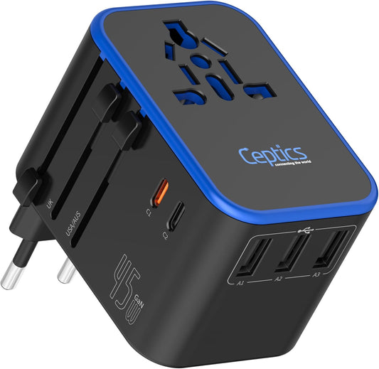 Universal Travel Adapter, 45W International Power Adapter with PD & QC 3.0 Dual USB-C, 3 USB Travel Adapter Worldwide, Type I C G a Outlets 110V 220V A/C - EU Euro US UK (11-KU)