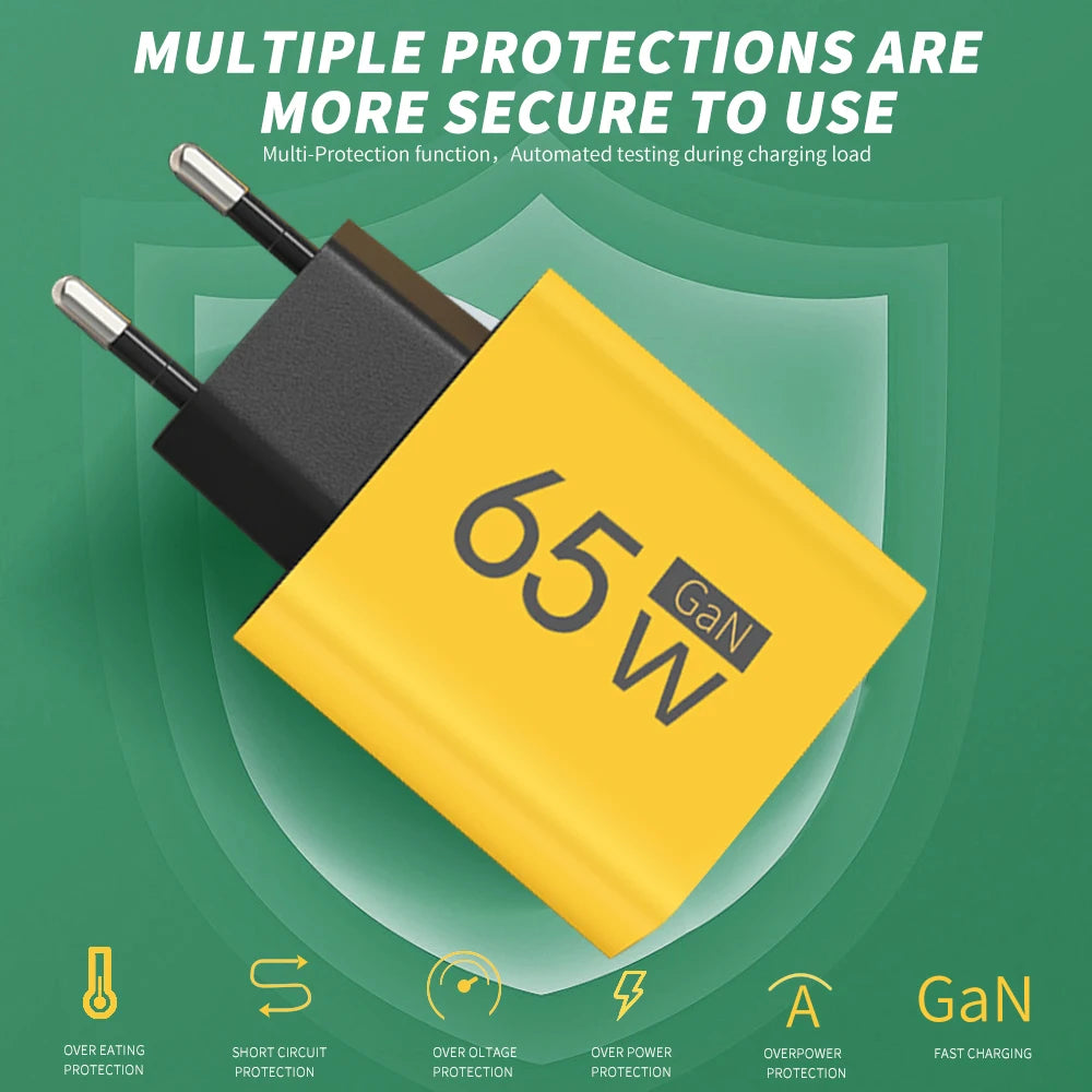 65W Gan USB C Fast Charger 3In1 Multi Ports Quick Charge 3.0 Wall Adapter EU US KR Plug Travel Charger for Iphone Samsung Xiaomi